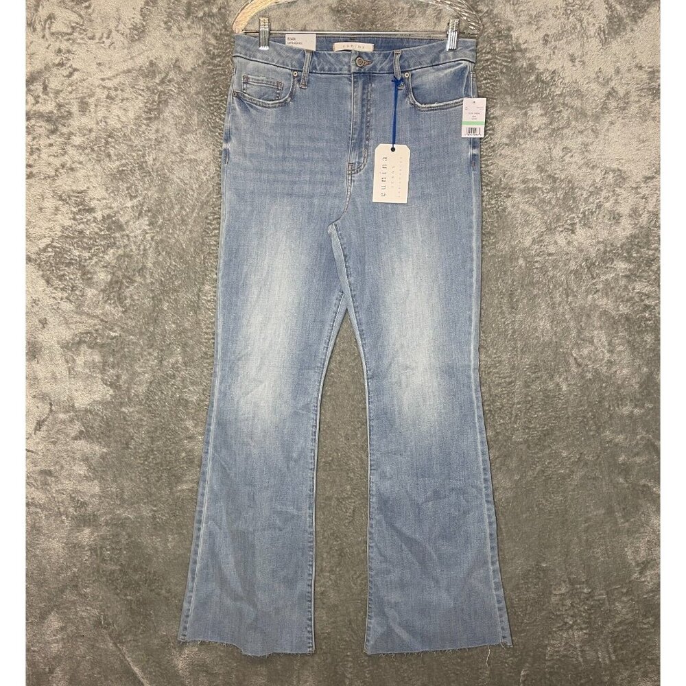 eunina Women Boho Festival Hippie Super High Rise Flare Light Wash Jean 31 NWT